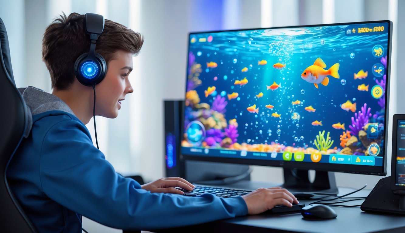 Seorang pemain muda sedang bermain permainan tembak ikan online di depan komputer dengan layar menampilkan ikan berwarna-warni dan efek tembakan di bawah laut.