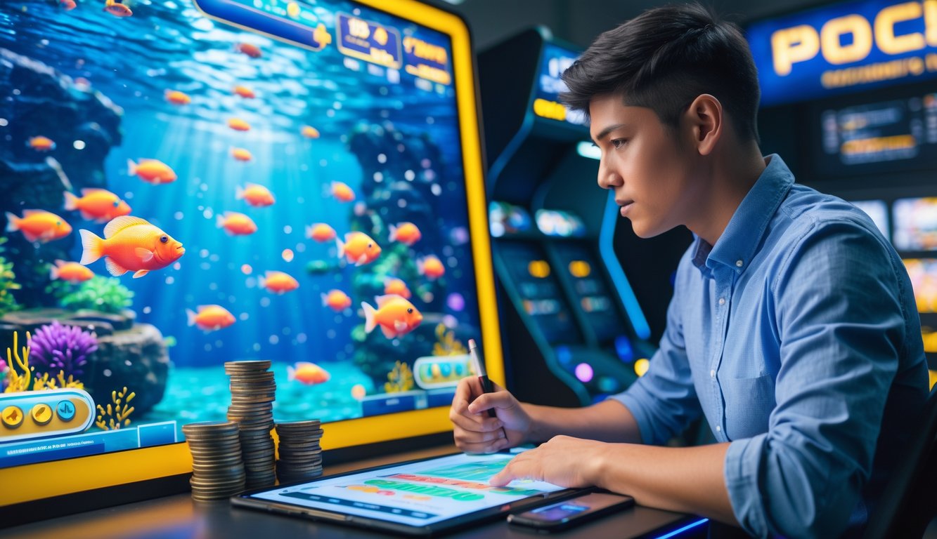 Seseorang sedang mengatur keuangan sambil bermain game tembak ikan dengan layar penuh warna dan suasana fokus.