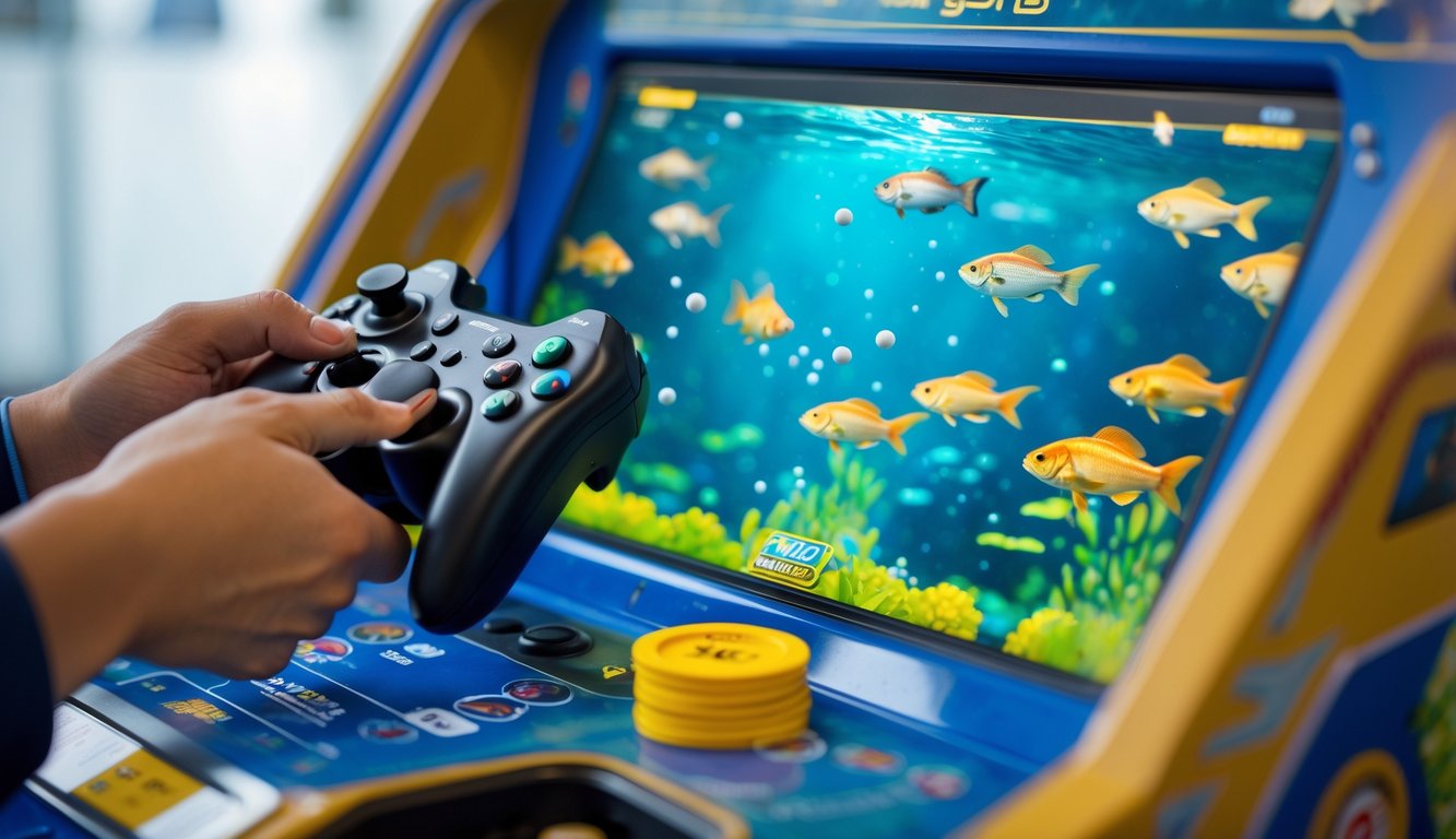 Tangan memegang kontroler permainan menembak ikan di layar dengan ikan-ikan berenang di latar belakang.