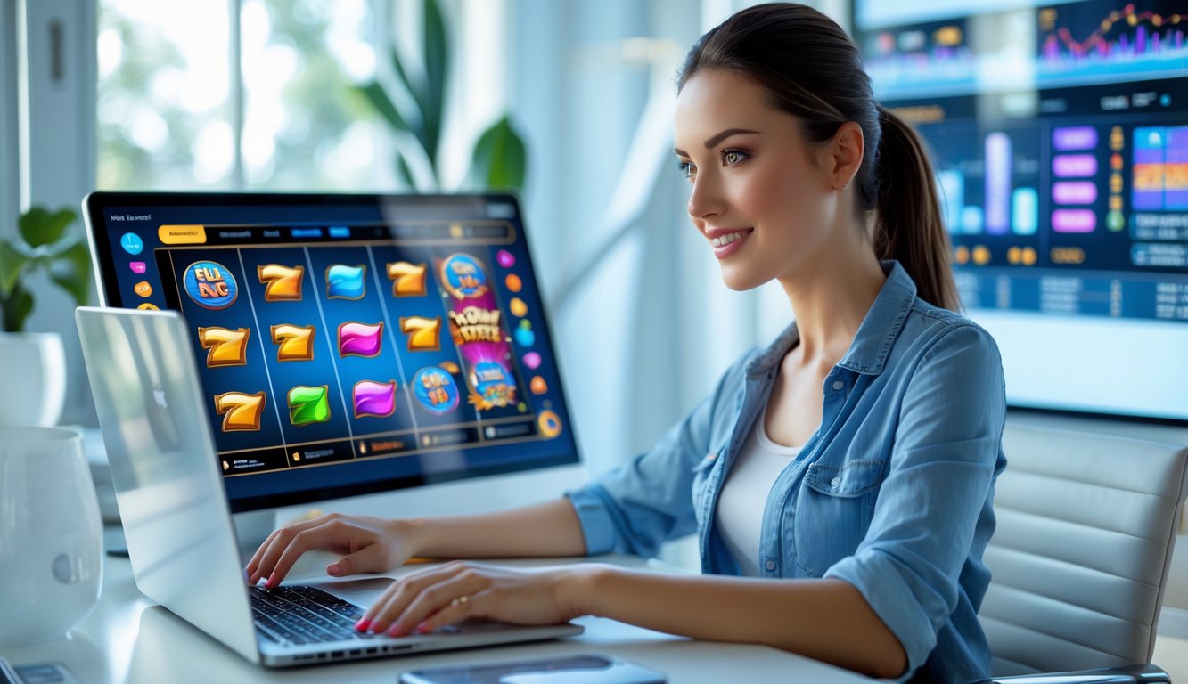 Seorang wanita muda duduk di meja dengan laptop, fokus bermain permainan slot online di ruang kerja yang terang.