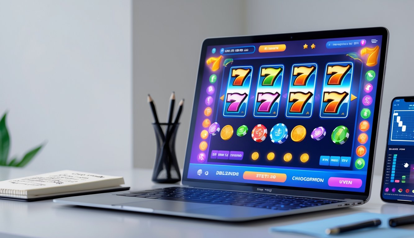 Seorang pemain menggunakan komputer dengan permainan slot online di layar, di meja terdapat catatan dan ponsel yang menunjukkan grafik strategi menang.