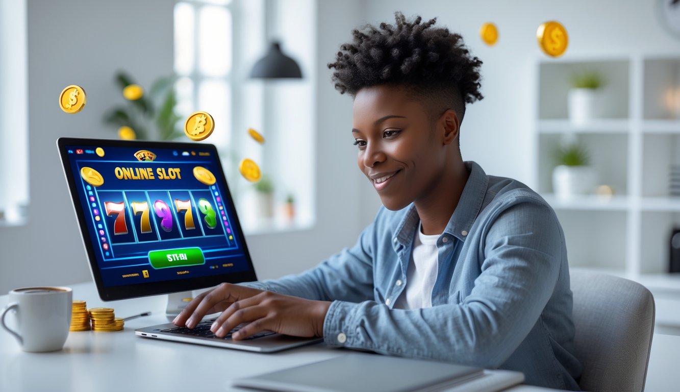 Seorang dewasa muda duduk di depan laptop di ruang kerja rumah yang terang, fokus pada layar permainan slot online dengan suasana yang nyaman dan produktif.