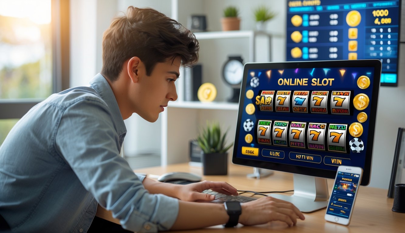 Seorang dewasa muda sedang fokus menggunakan laptop dengan tampilan permainan slot online di layar, di meja terdapat smartphone yang menampilkan hasil kemenangan slot, di latar belakang terdapat elemen digital terkait permainan slot.