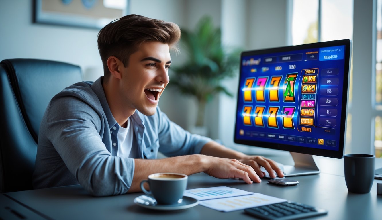 Seorang pria muda duduk di meja modern dengan laptop yang menampilkan permainan slot online, tampak fokus dan bersemangat di sebuah ruangan terang.