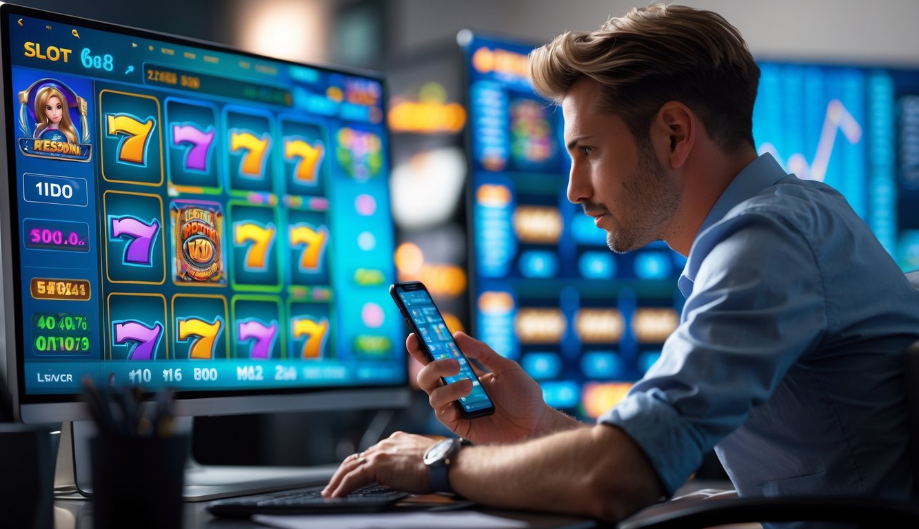 Seorang pemain duduk di depan komputer yang menampilkan permainan slot online dengan layar penuh warna dan simbol berputar, sambil fokus menganalisis permainan.