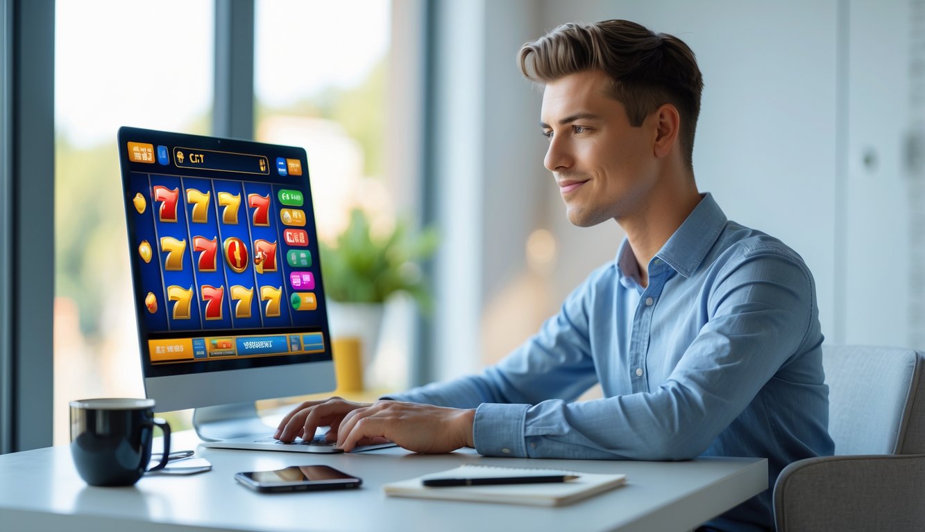 Seseorang duduk di depan laptop bermain permainan slot online dengan fokus dan percaya diri di sebuah ruangan terang.
