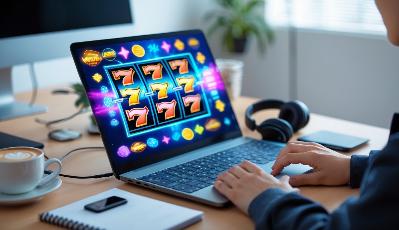 Seorang pemain menggunakan komputer dengan tampilan permainan slot online yang berwarna-warni di layar, di ruang kerja yang terang dan rapi.