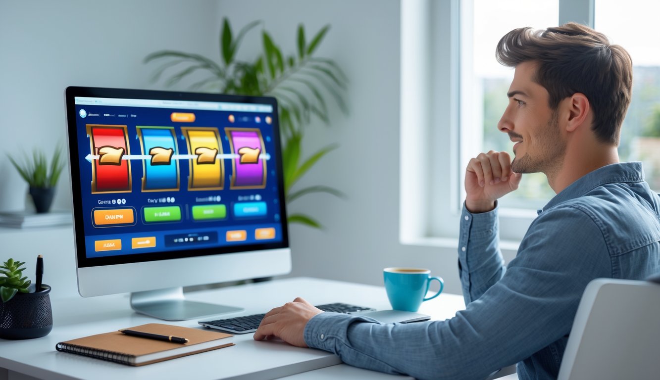 Seorang pria muda duduk di meja dengan laptop, fokus bermain permainan slot online di ruang kerja yang terang dan rapi.