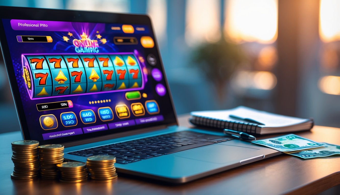 Seorang pria di depan laptop dengan permainan slot online di layar, di meja terdapat catatan dan uang, menunjukkan suasana fokus dan strategi bermain slot.