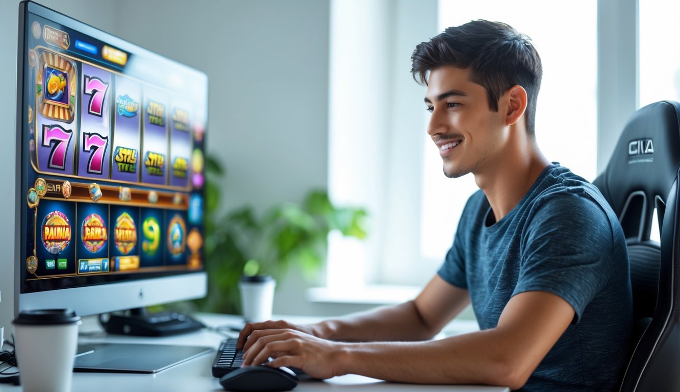Seorang pria muda duduk di depan komputer dengan tampilan permainan slot online di layar, terlihat fokus dan tersenyum di ruang yang terang.
