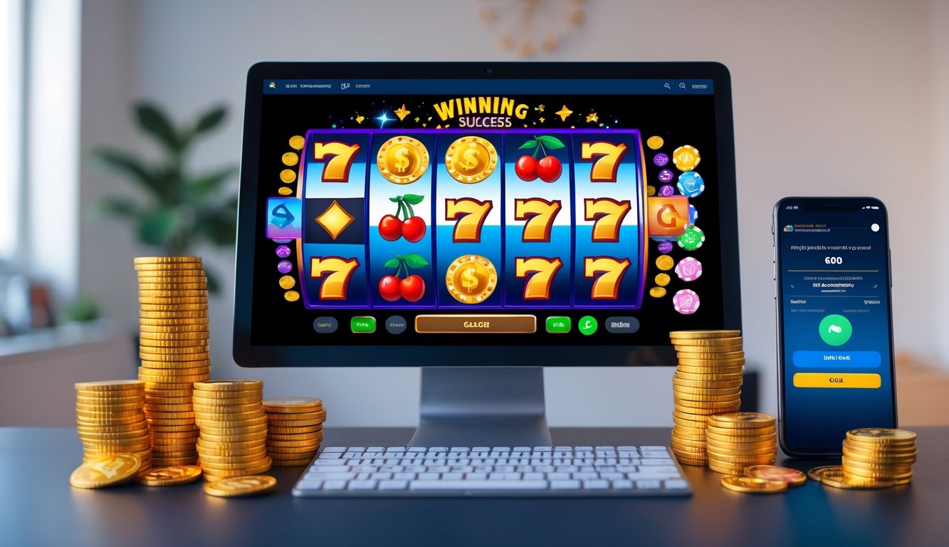 Seorang pemain sedang menggunakan komputer dengan tampilan mesin slot online yang berwarna-warni, dikelilingi tumpukan koin emas dan chip poker, menunjukkan suasana kemenangan dalam permainan slot online.