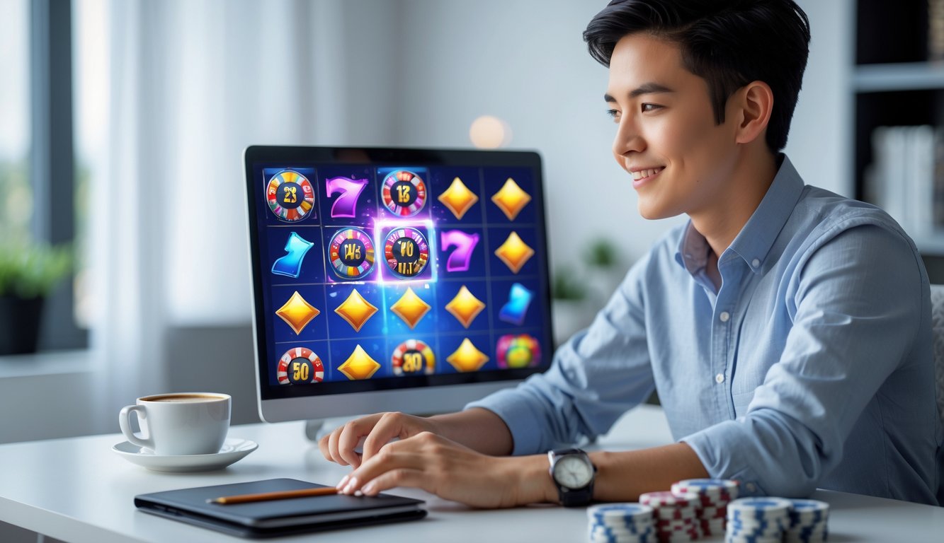 Seseorang duduk di depan laptop dengan layar permainan slot online yang berwarna-warni, di meja terdapat cangkir kopi dan alat tulis.