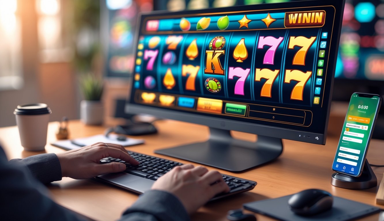 Seseorang sedang bermain permainan slot online di komputer dengan layar menampilkan gulungan slot berwarna-warni dan tangan yang menggunakan keyboard dan mouse di meja kerja.