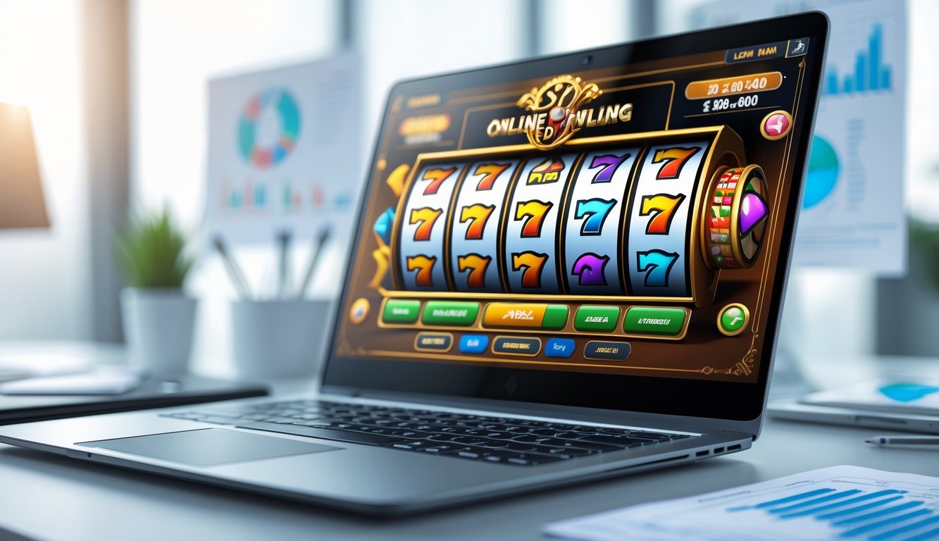 Seorang pengguna duduk di depan laptop yang menampilkan permainan slot online dengan grafik berwarna-warni, di meja terdapat catatan dan grafik yang menunjukkan analisis strategi.