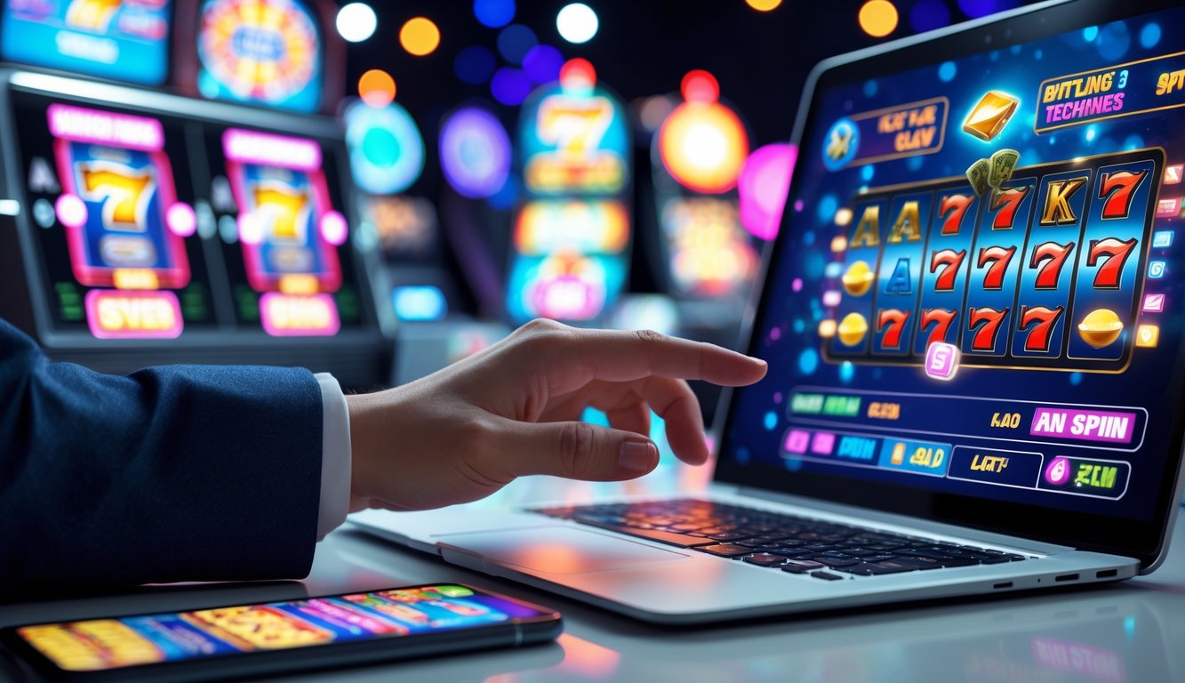 Seseorang sedang menggunakan laptop dan ponsel untuk bermain mesin slot online dengan latar belakang tema kasino.