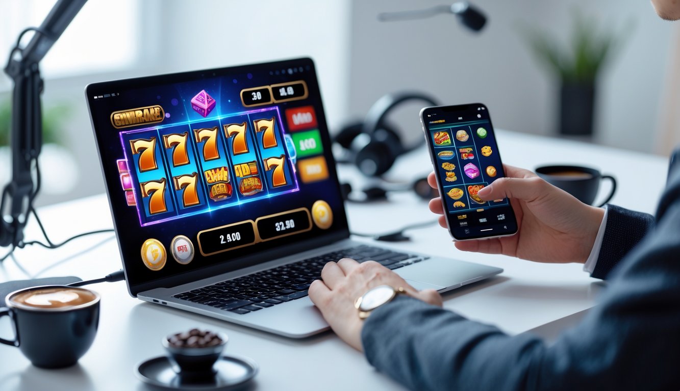 Tangan seseorang menggunakan laptop dan ponsel dengan permainan slot online di layar, di atas meja kerja yang rapi.