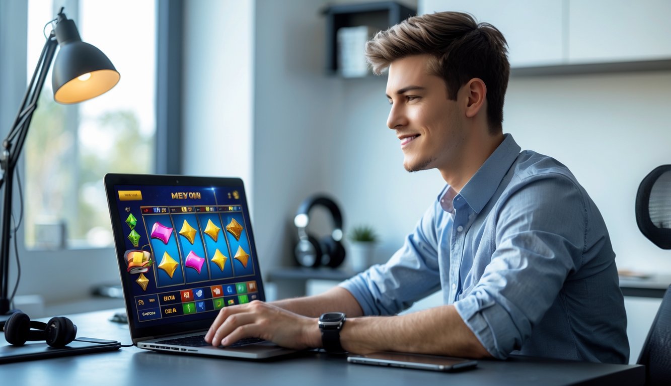 Seorang pria muda duduk di meja dengan laptop yang menampilkan permainan slot online, terlihat fokus dan percaya diri.
