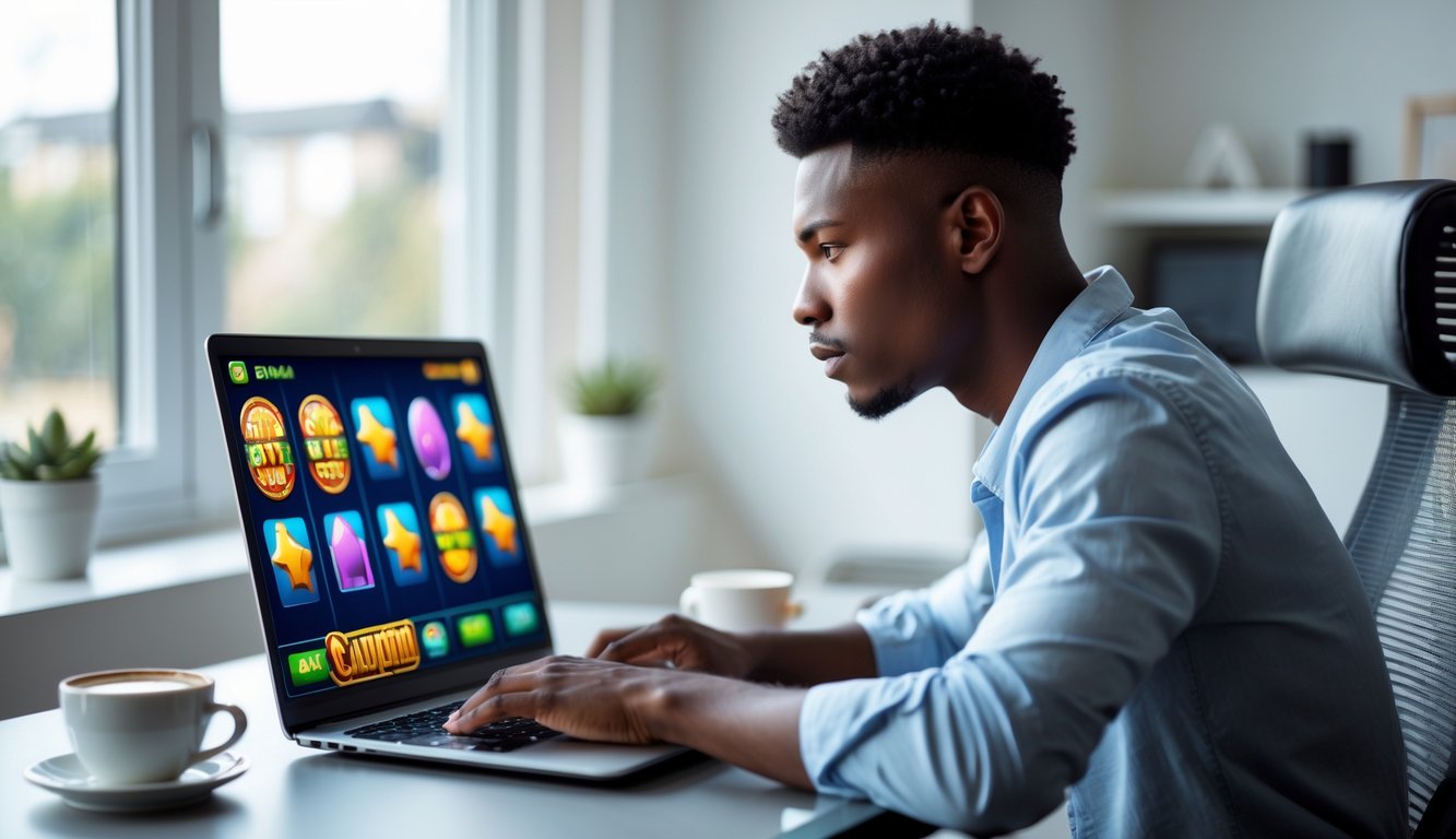 Seorang pria muda sedang fokus bermain permainan slot online di laptop di meja kerja dengan pencahayaan alami.