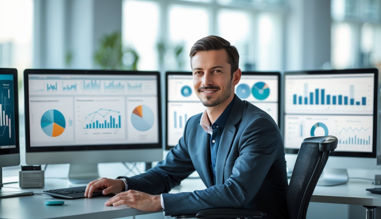 Seorang profesional duduk di meja kantor dengan beberapa layar komputer yang menampilkan grafik dan data, menunjukkan suasana kerja yang fokus dan terpercaya.
