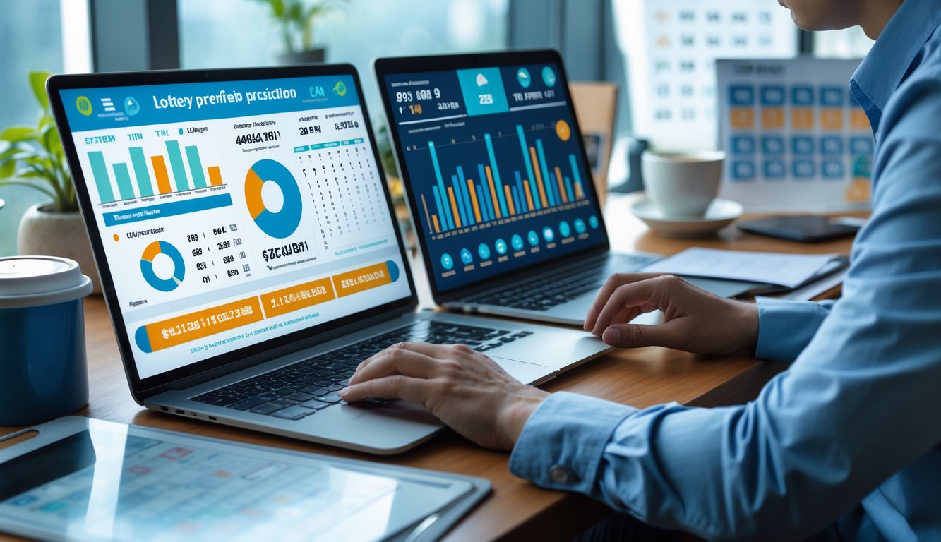 Seseorang sedang menganalisis data prediksi togel dengan beberapa perangkat digital di meja kerja yang rapi dan terang.