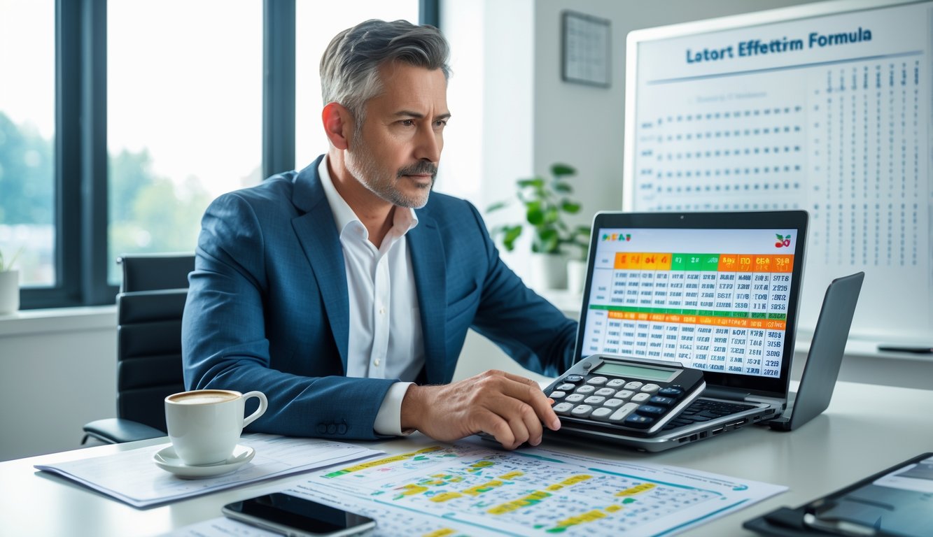 Seorang pria dewasa duduk di meja kerja dengan laptop dan kertas, fokus menganalisis angka dan grafik untuk strategi menang judi togel.