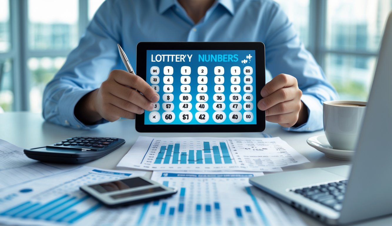 Seseorang sedang fokus menganalisis angka togel menggunakan tablet di meja kerja dengan alat tulis dan laptop di sekitar.