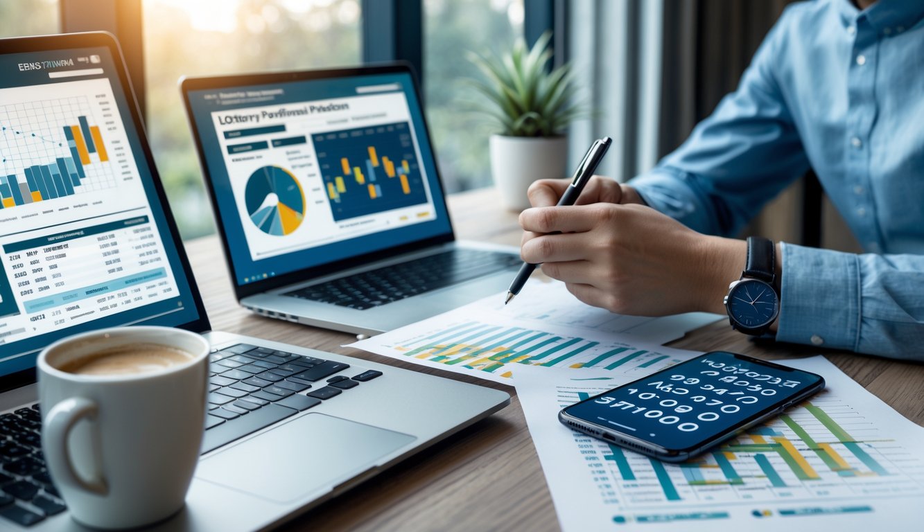 Seseorang sedang menganalisis data angka di meja kerja dengan laptop, laporan cetak, dan ponsel di sekitar.