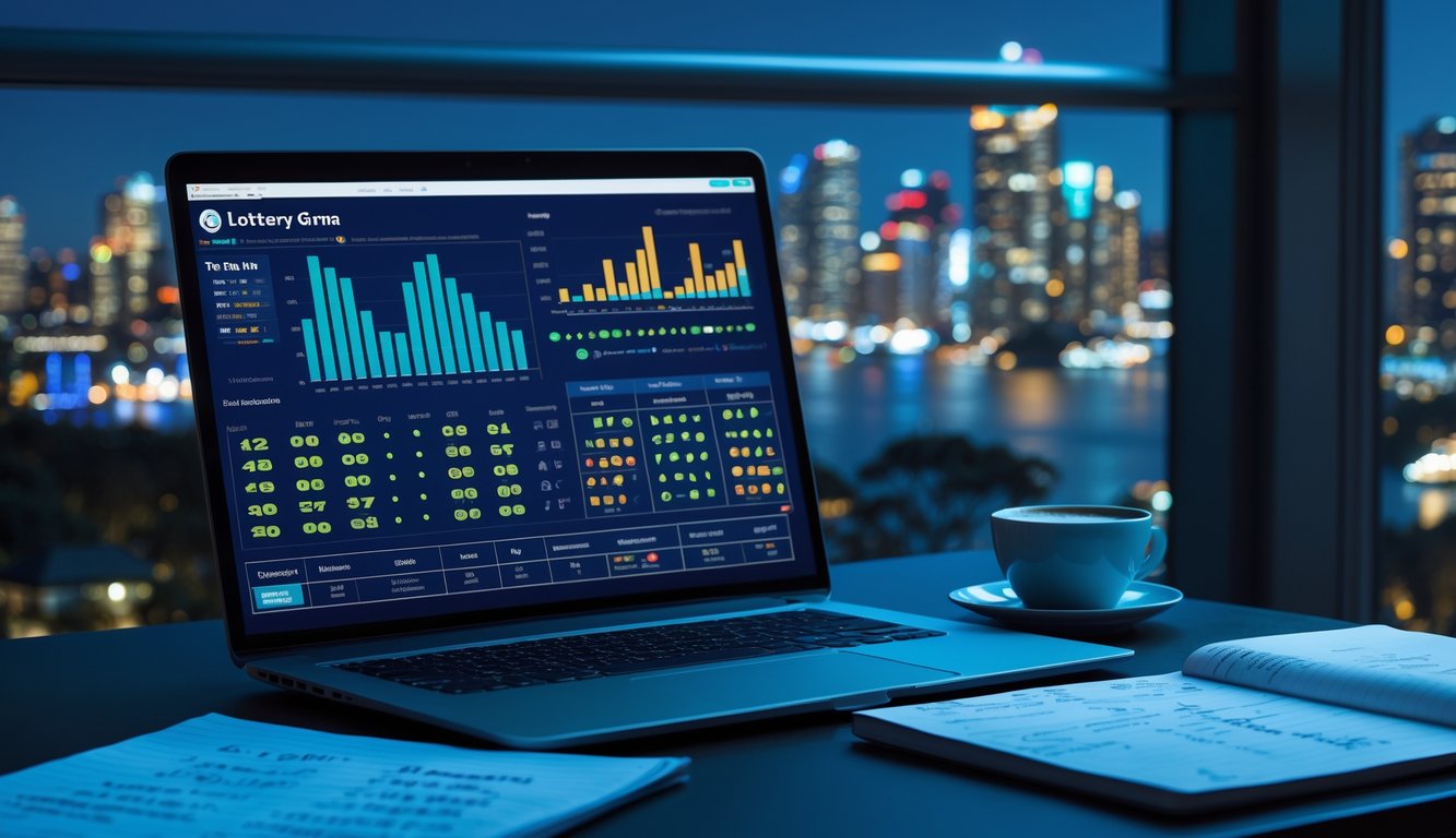Meja kerja dengan laptop menampilkan grafik, buku catatan dengan tulisan tangan, dan secangkir kopi, dengan latar belakang pemandangan kota Sydney di malam hari.