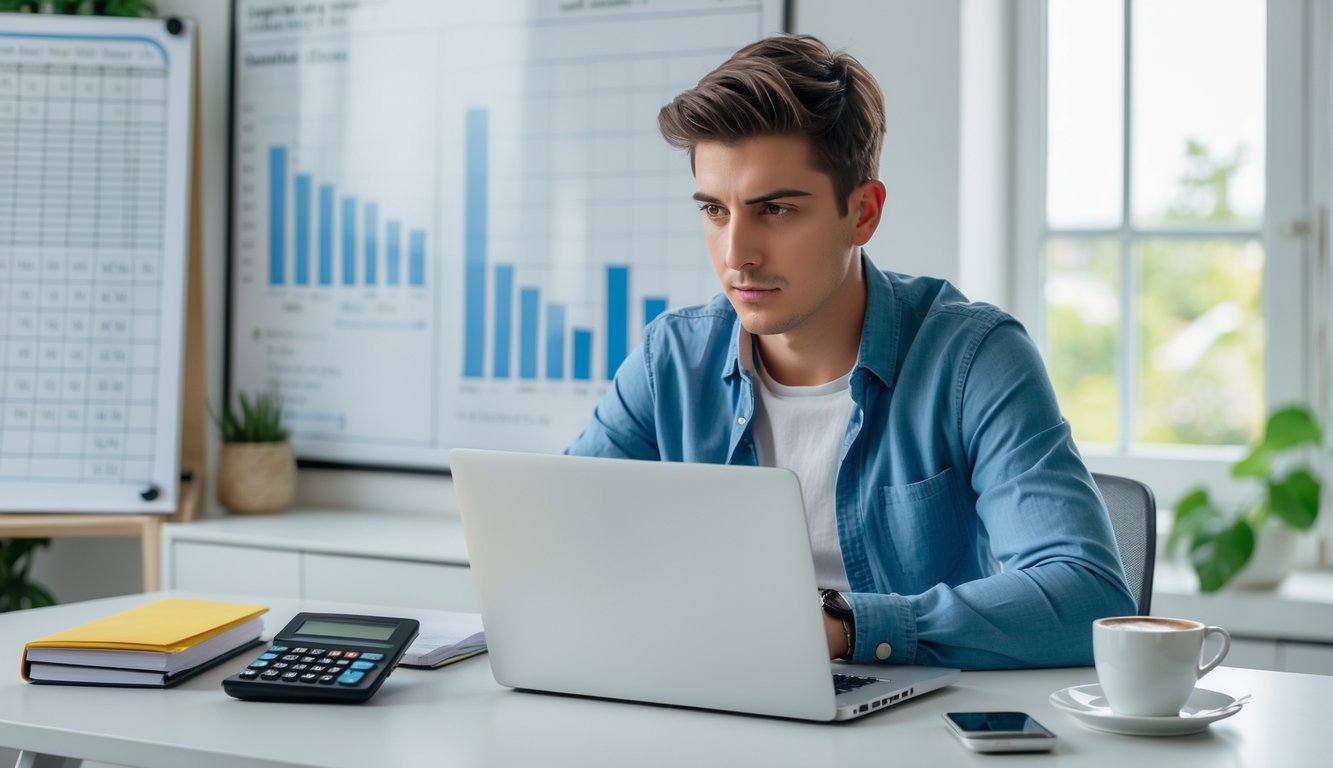 Seorang pria muda duduk di meja kerja dengan laptop dan alat tulis, terlihat fokus menganalisis data di ruang kerja yang terang.