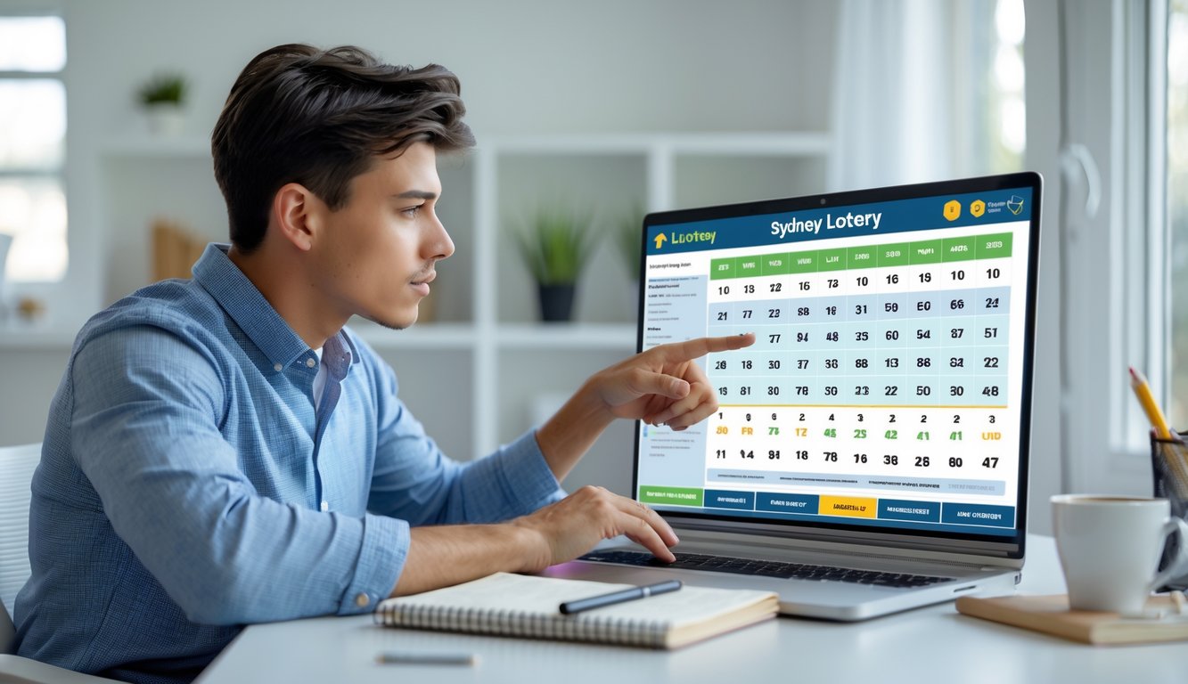 Seorang pria muda duduk di meja kerja dengan laptop, fokus menganalisis angka togel di ruangan kantor rumah yang terang dan rapi.