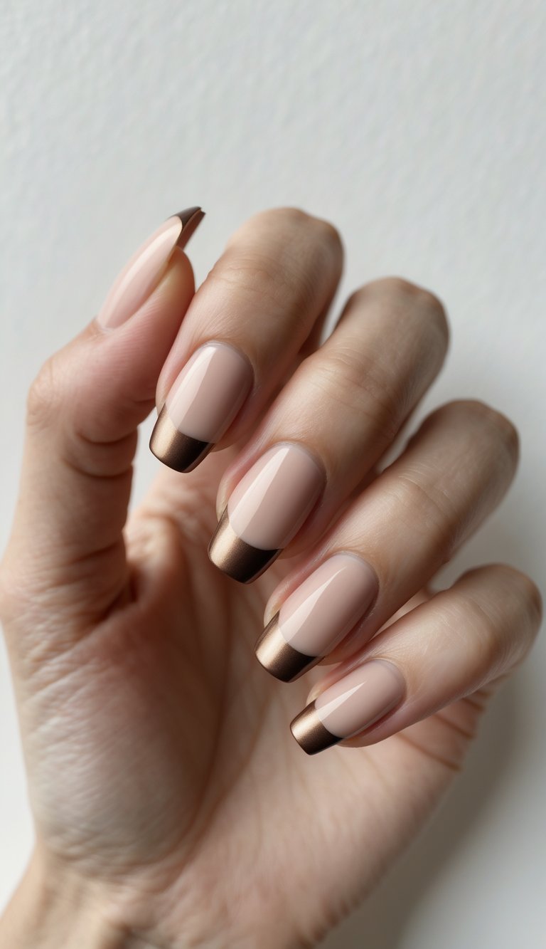 Close-up of one hand showing short natural nails with bronze French tips against a white background.