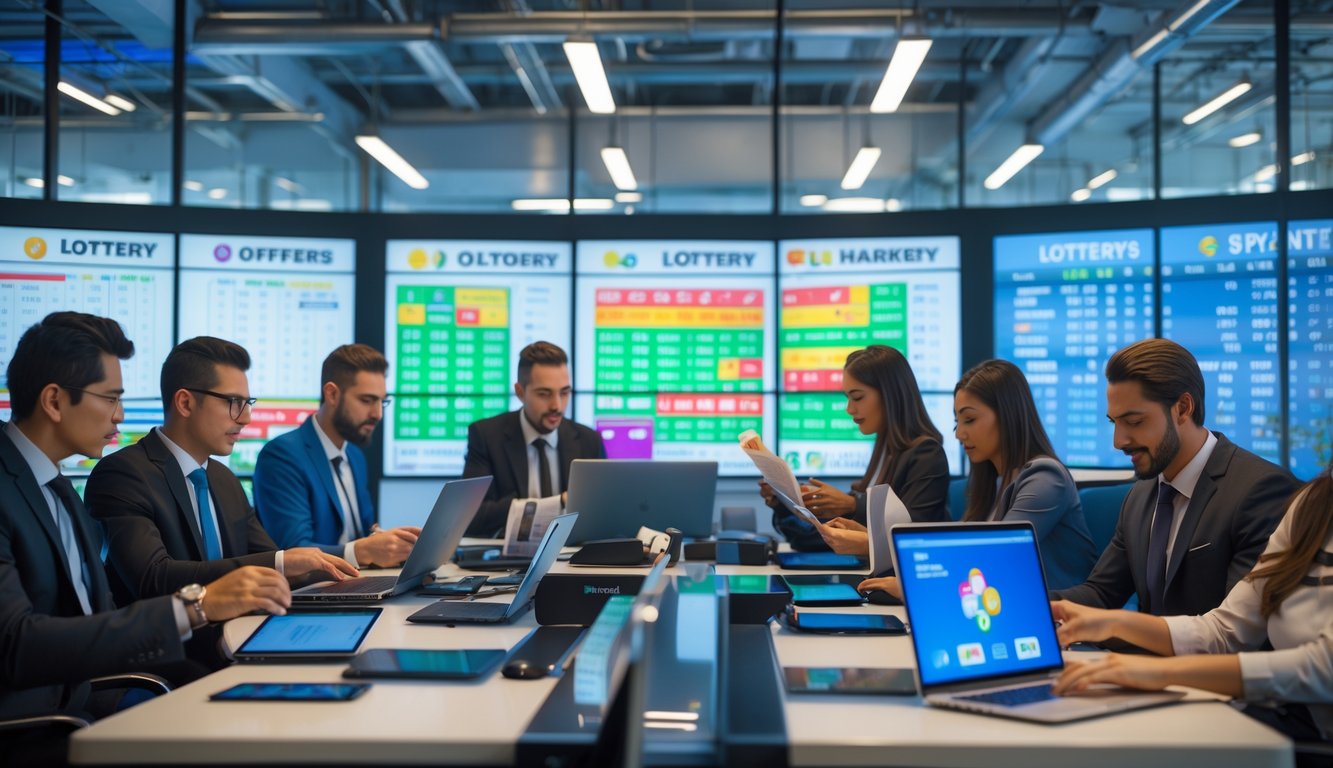 Orang-orang di kantor modern sedang menggunakan perangkat digital untuk memeriksa hasil togel dengan latar belakang pemandangan kota Sydney.