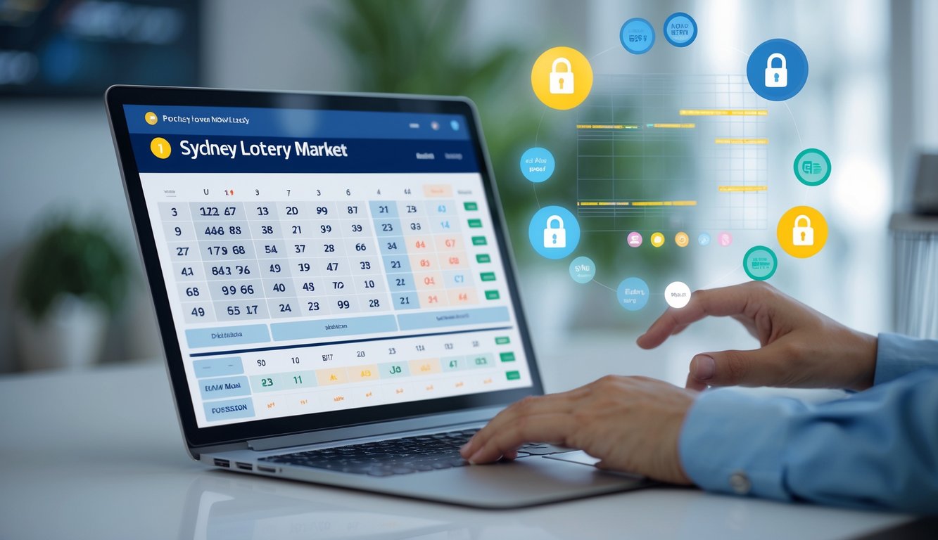 Seorang pria menggunakan perangkat digital yang menampilkan antarmuka taruhan togel Sydney dengan angka dan grafik, di lingkungan yang bersih dan terang.