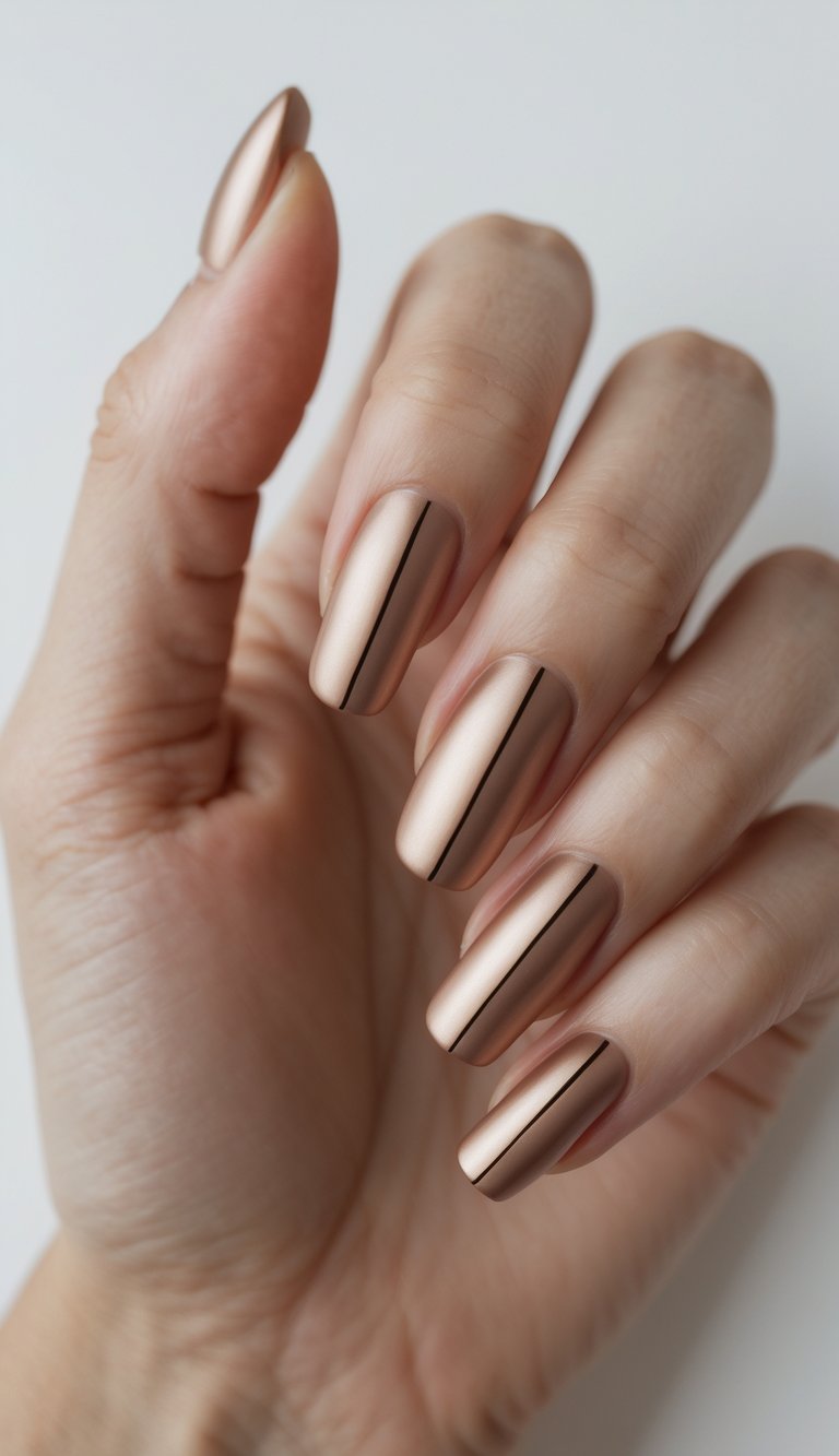 Close-up of one hand with bronze accent line nail art on neatly shaped nails against a white background.