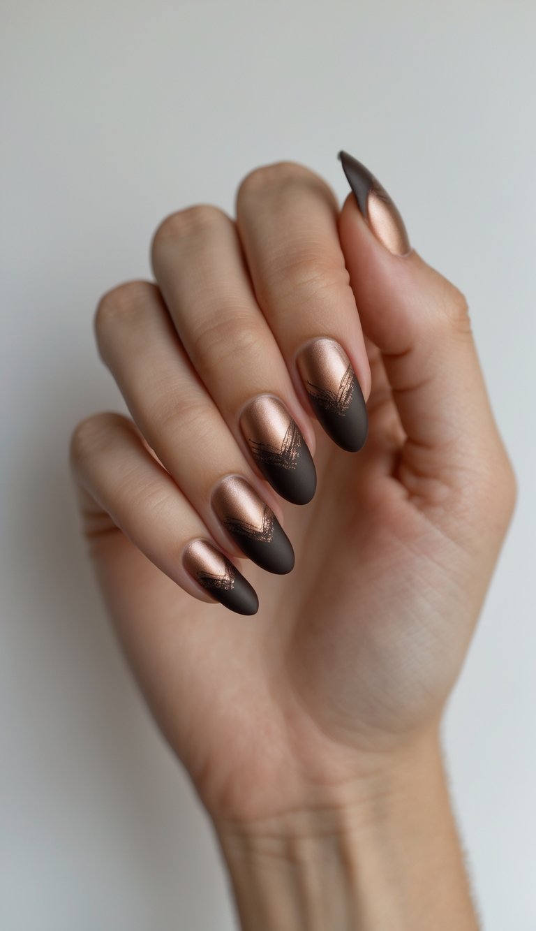 Close-up of a single hand with bronze-colored nails featuring matte polish and glossy tips against a white background.