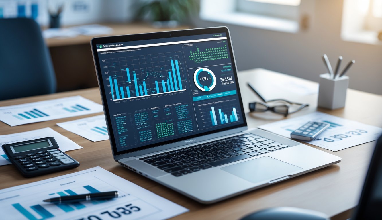 Meja kerja dengan laptop yang menampilkan data dan grafik, dikelilingi oleh kertas berisi angka, pena, dan kalkulator.