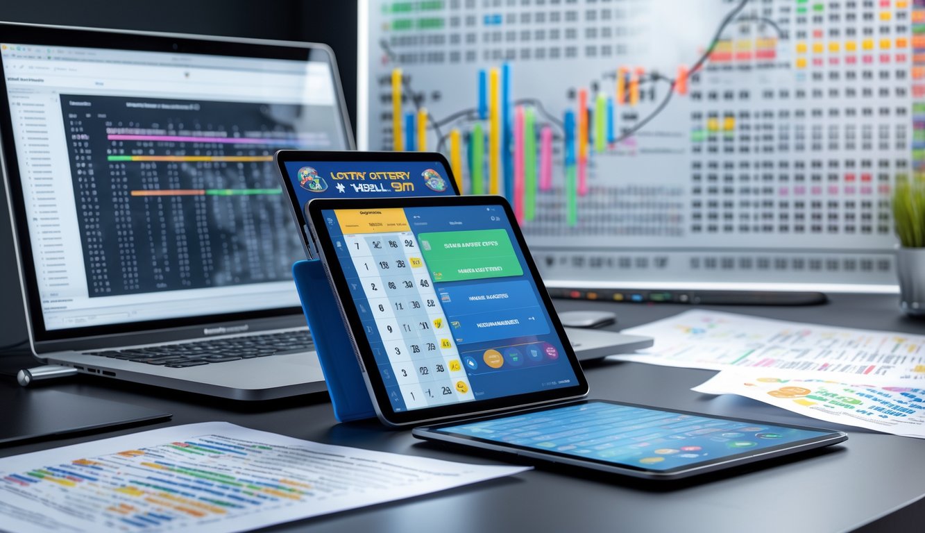 Meja kerja dengan perangkat digital dan kertas berisi data angka untuk analisis pola keluaran togel Sydney.