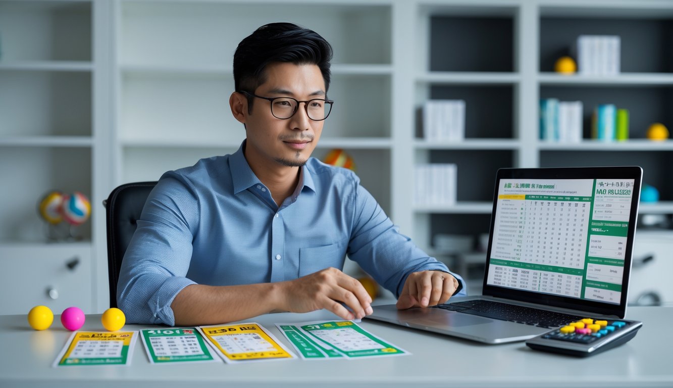 Seorang pria Asia duduk di meja kerja dengan tiket togel dan laptop, sedang menganalisis data dengan serius di sebuah kantor yang rapi.