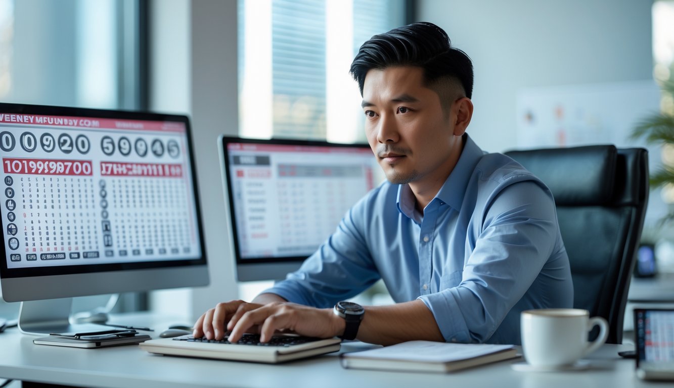 Seorang pria Asia Tenggara duduk di meja dengan beberapa layar komputer yang menampilkan angka togel dan grafik statistik, terlihat fokus dan serius menganalisis data.