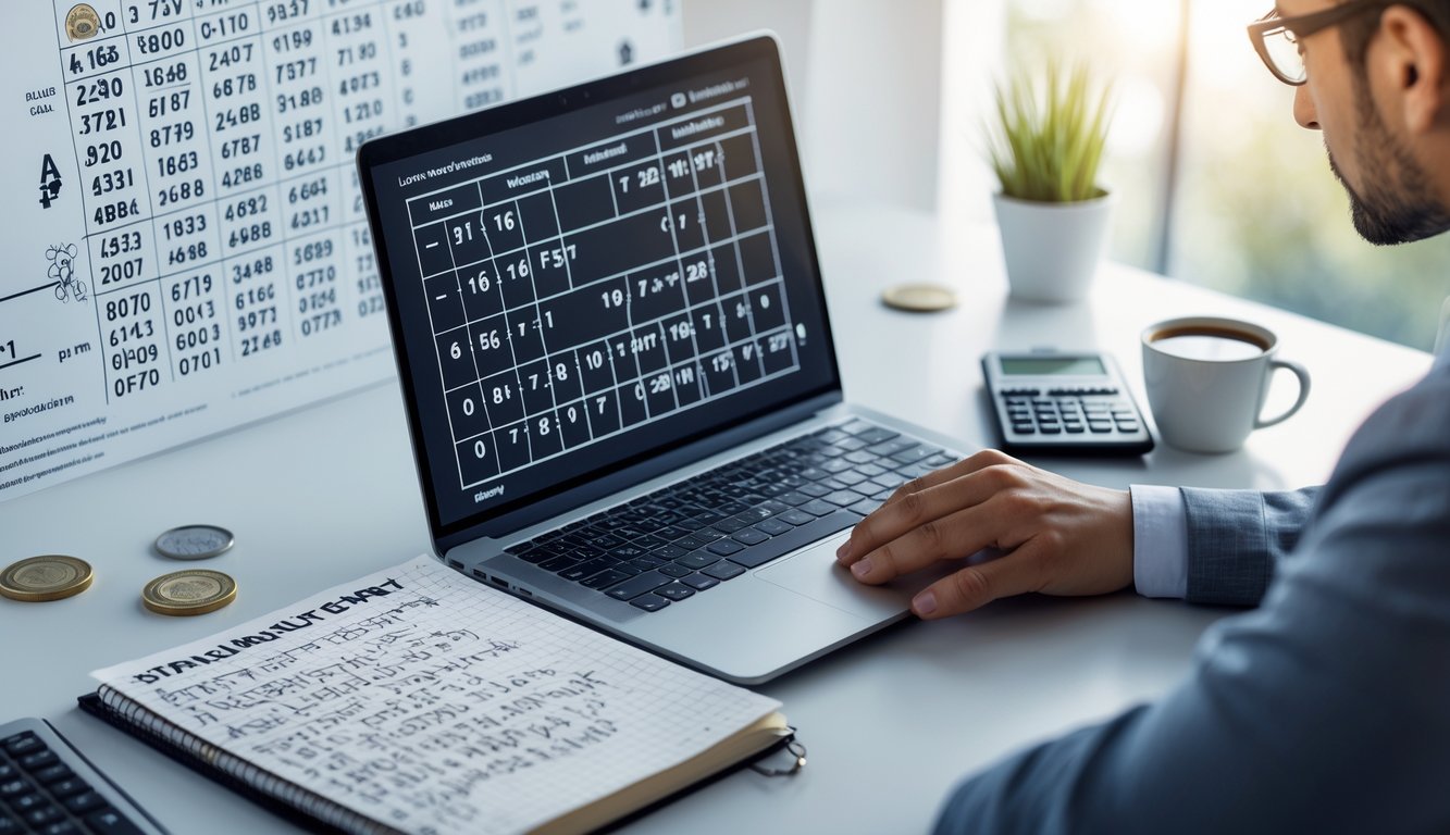 Meja kerja modern dengan laptop, buku catatan berisi perhitungan, kalkulator, dan secangkir kopi, menggambarkan suasana analisis angka togel.