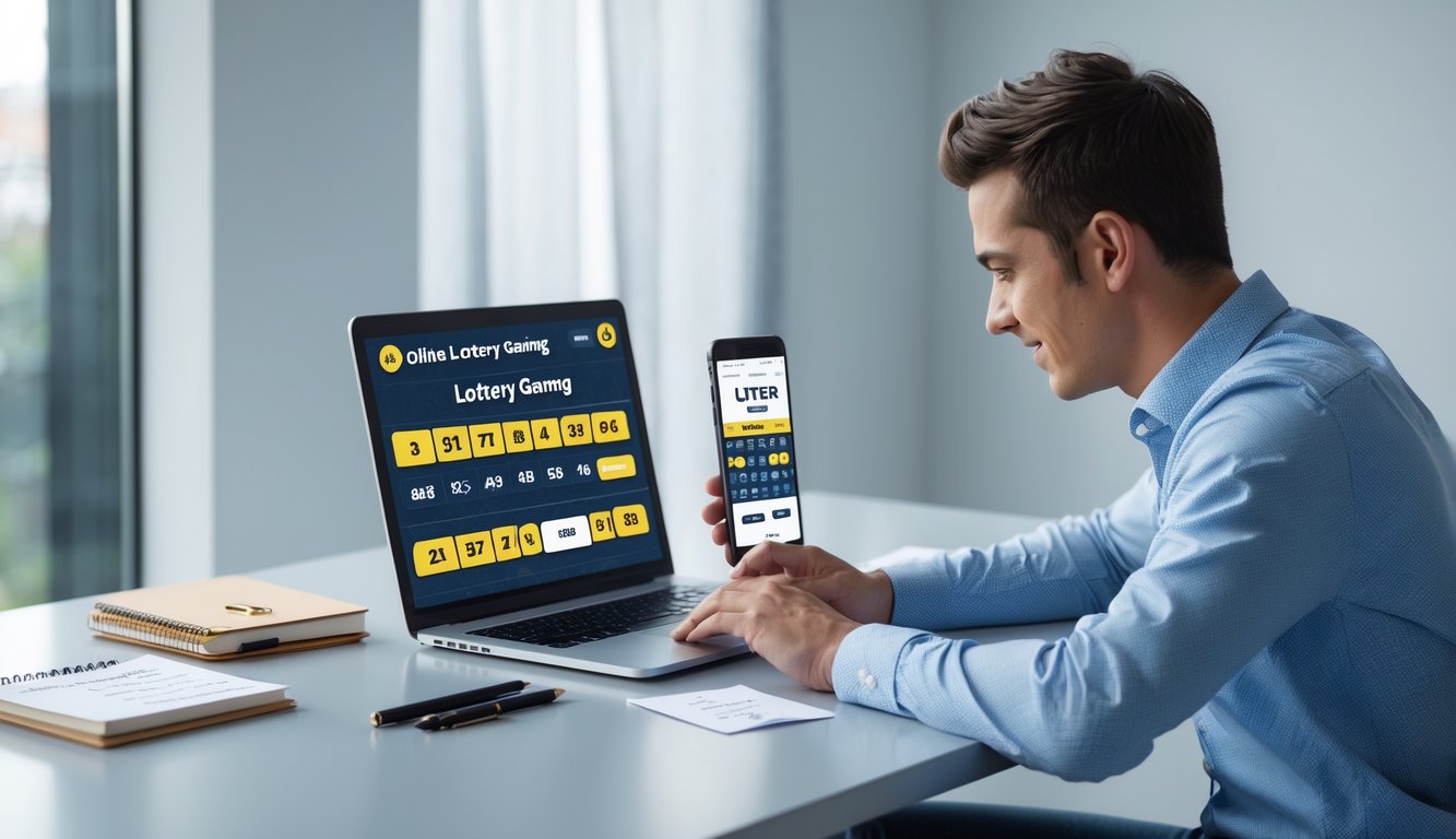 Seorang pria muda duduk di meja dengan laptop dan catatan, fokus pada permainan togel online.