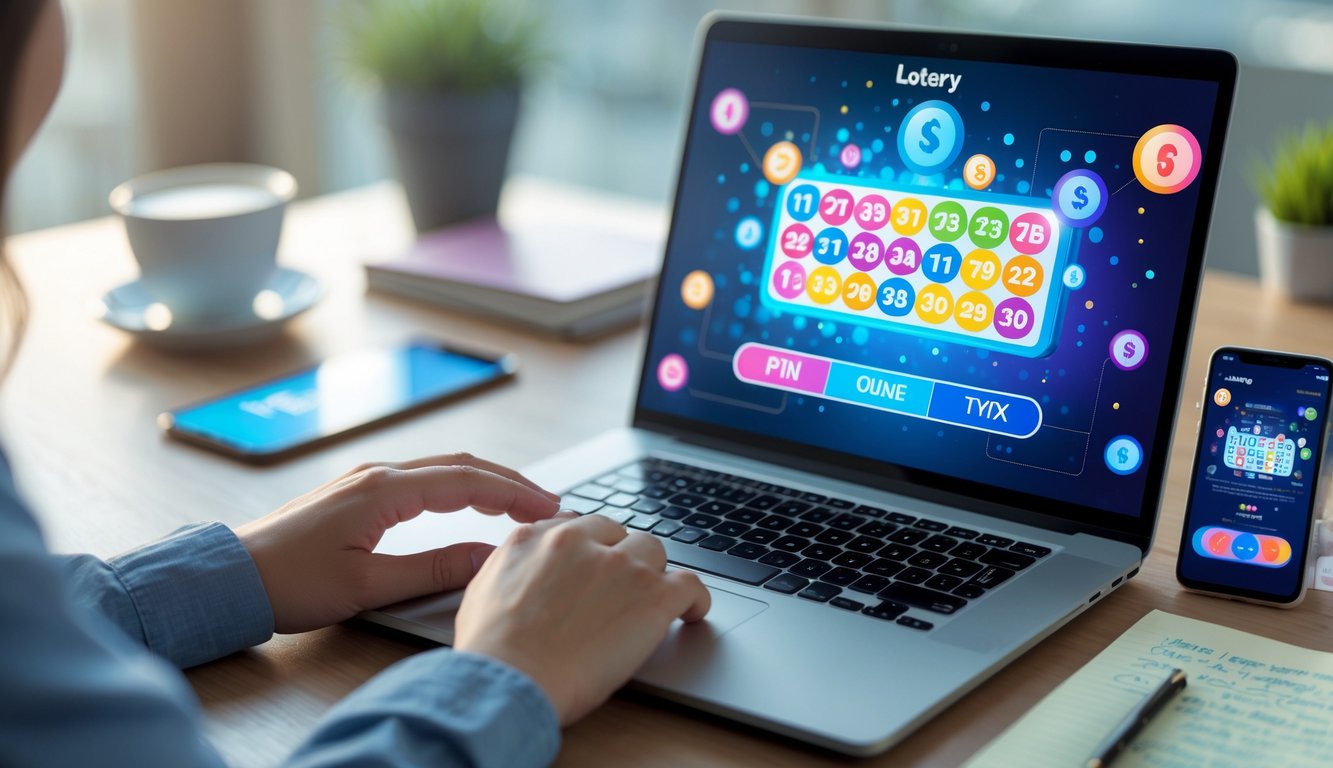 Seorang individu menggunakan laptop di meja kerja dengan layar menampilkan angka dan grafik terkait permainan togel online, di sekitarnya terdapat smartphone, cangkir kopi, dan buku catatan.