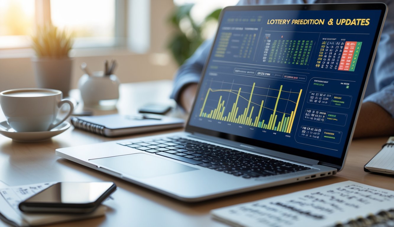 Seseorang sedang menganalisis data lotere di depan laptop di meja kerja yang rapi.