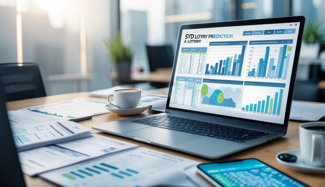 Meja kerja modern dengan laptop yang menampilkan grafik dan data, dikelilingi dokumen dan ponsel, suasana kantor yang tenang dan teratur.