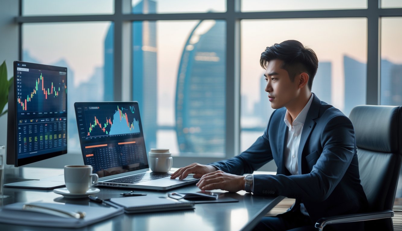 Seorang pria muda Asia duduk di meja kantor dengan laptop dan layar digital, terlihat fokus menganalisis data dengan latar belakang pemandangan kota Macau.
