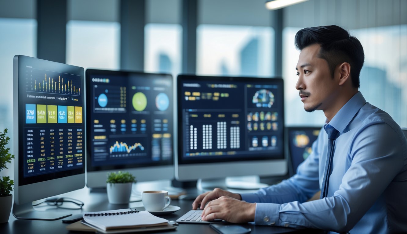 Seorang pria Asia sedang duduk di depan komputer dengan layar yang menampilkan grafik dan data, terlihat fokus merencanakan strategi di sebuah kantor modern.