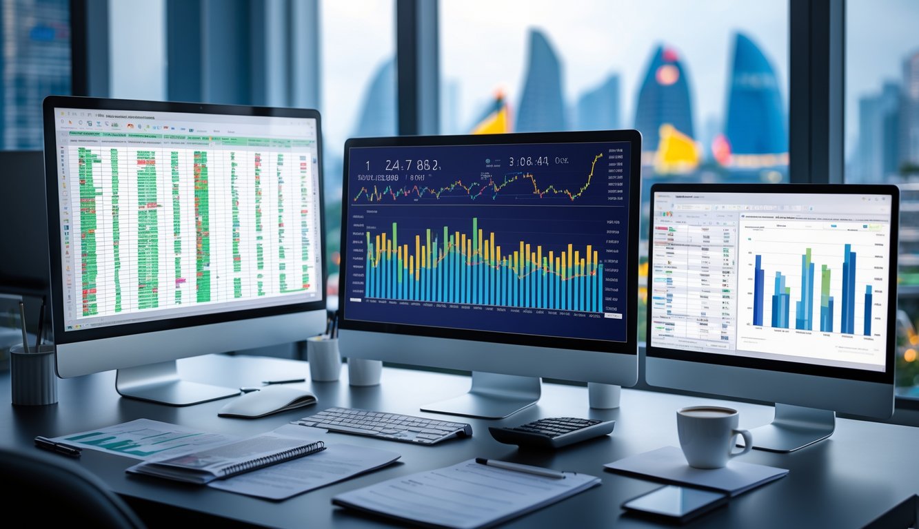 Meja kerja dengan beberapa layar komputer yang menampilkan grafik dan data statistik, dengan latar belakang pemandangan kota Macau yang samar.