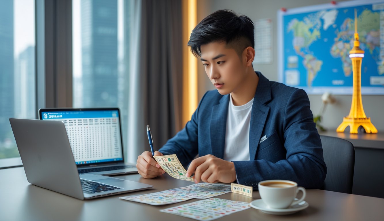 Seorang pria muda duduk di meja dengan tiket togel dan laptop, terlihat fokus mempelajari angka-angka.