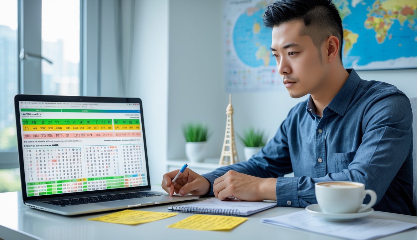 Seorang pria muda duduk di meja dengan tiket lotere dan grafik statistik, tampak fokus mempelajari strategi bermain Togel Macau.