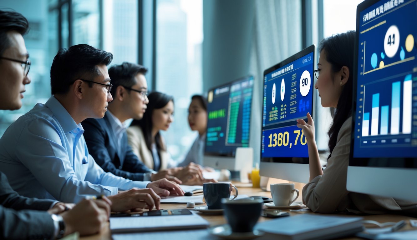 Sekelompok orang sedang berdiskusi dan menganalisis data di kantor modern dengan layar komputer yang menampilkan grafik dan angka.